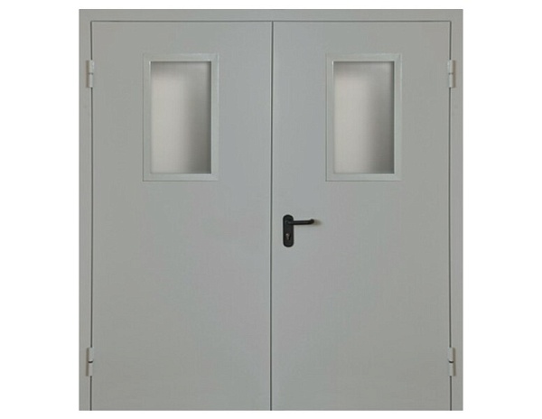 Противопожарная дверь 1 типа двупольная c выпадающим порогом с остеклением