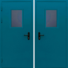 Распашная дверь противопожарная синяя с окном порошковое напыление