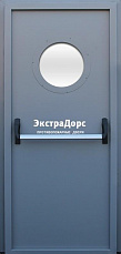 Противопожарная дверь голубая с антипаникой и иллюминатором